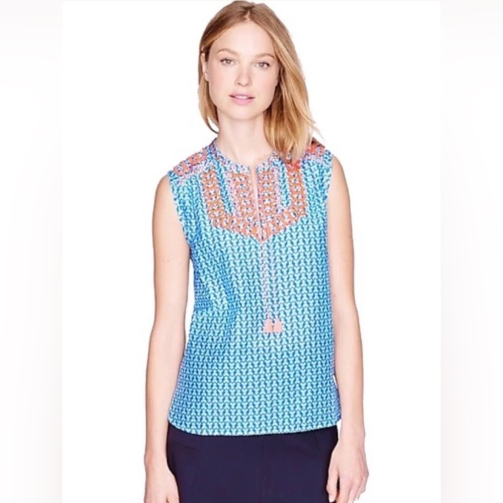 J.Crew Sleeveless Embroidered Boho Top Blue Tassel Silk Cotton Blend Size 12